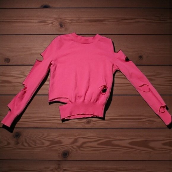 THE OPEN PRODUCT OPEN YY Pink Wool Sweater S Asymmetric Cut-Out Distressed KOREA - Picture 12 of 14